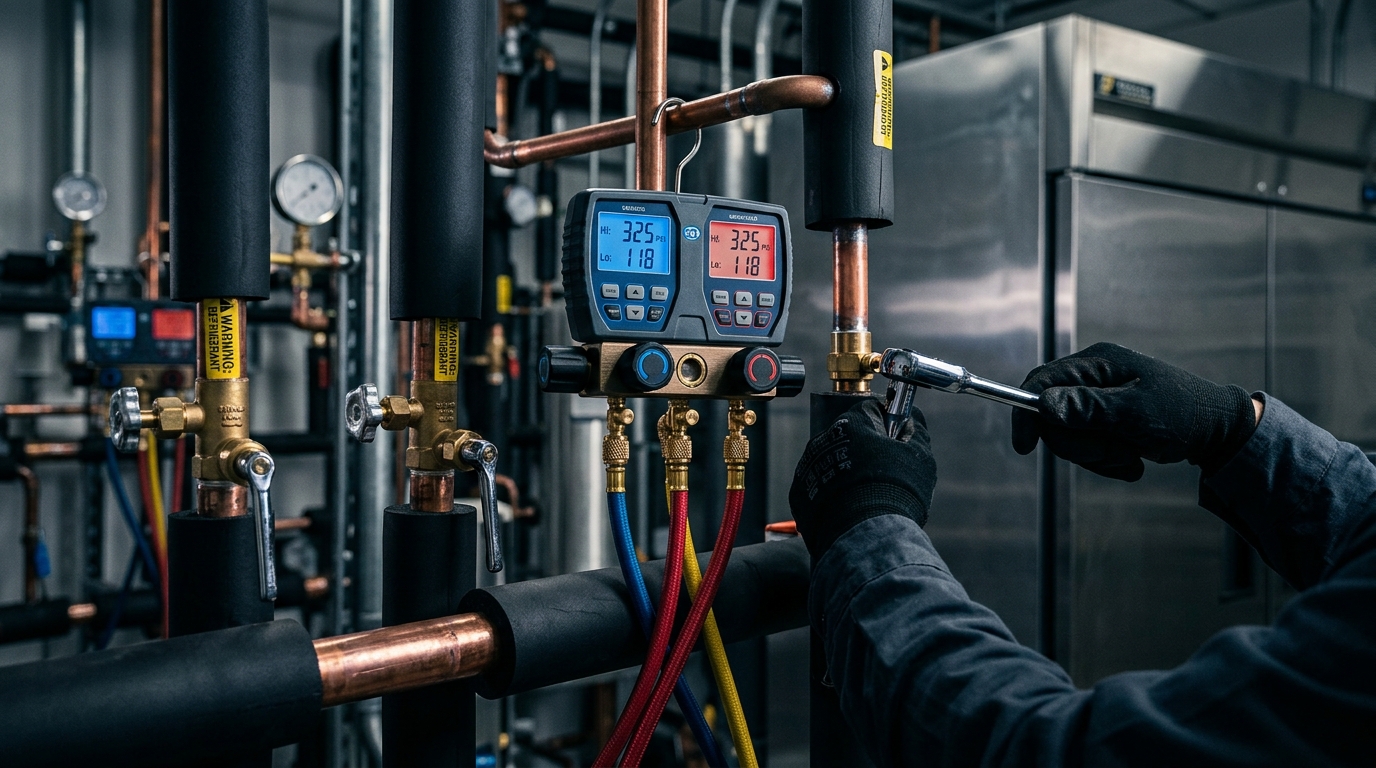 Equipe técnica em inspeção e instalação de sistema de climatização