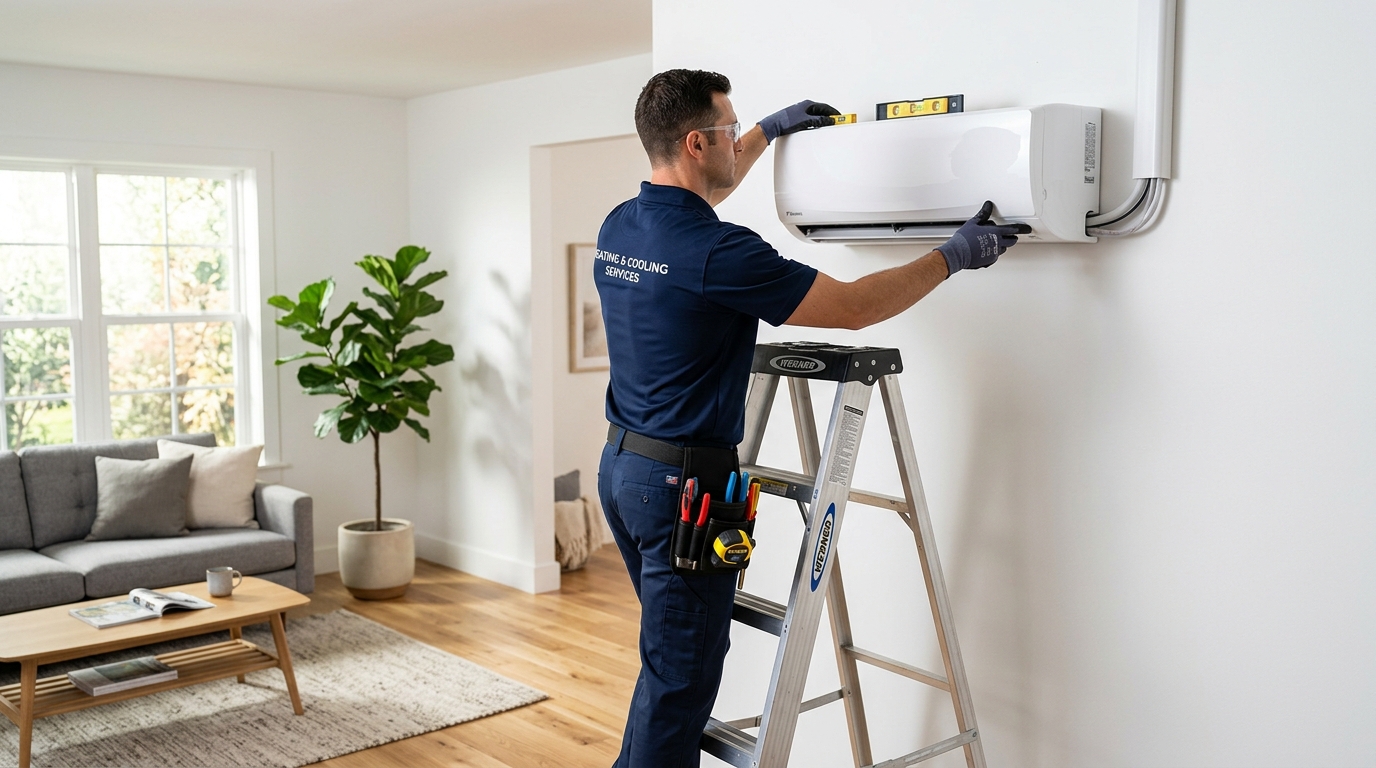Profissional técnico instalando sistema de ar-condicionado com precisão e ferramentas adequadas